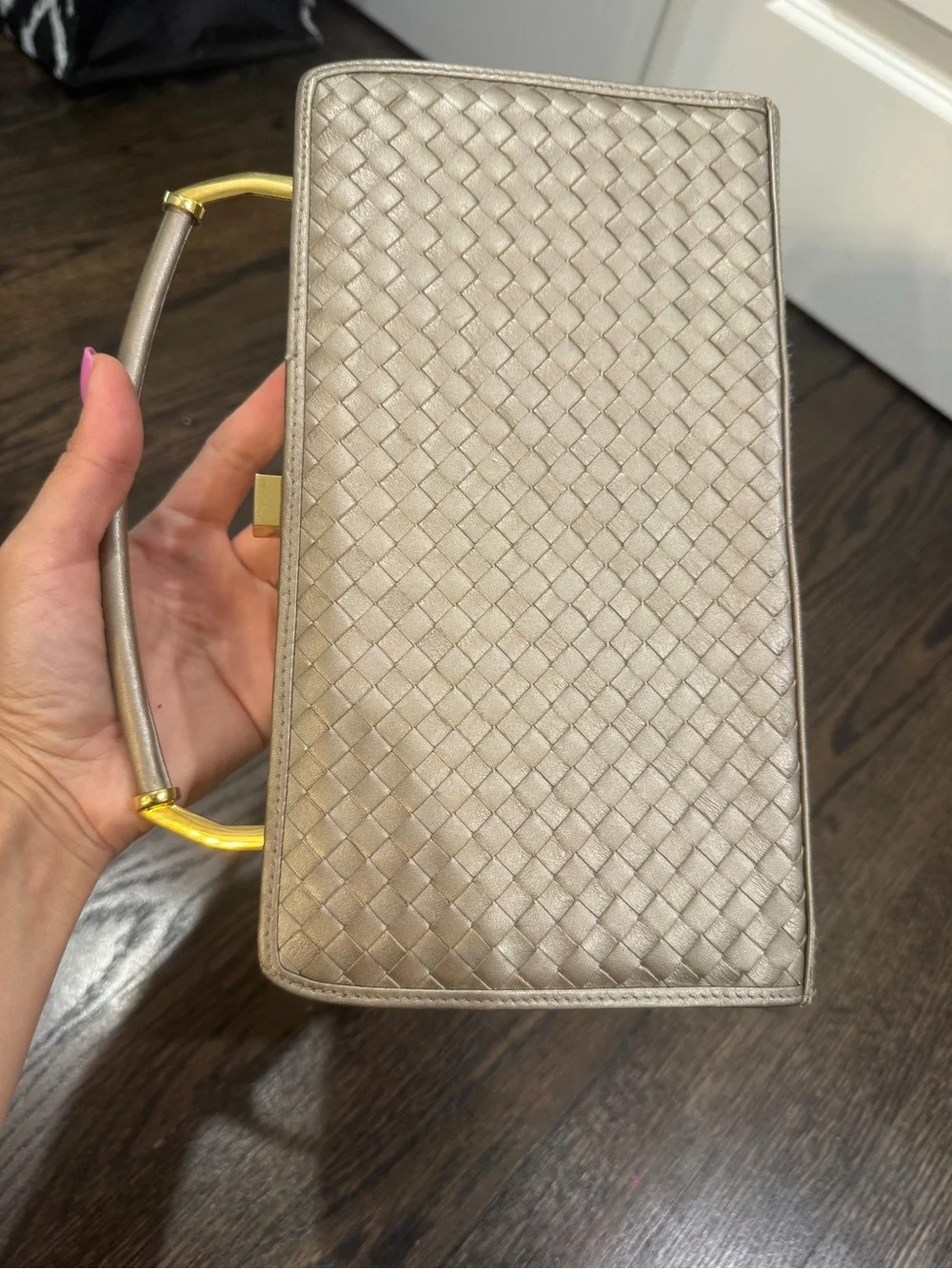 Vintage Ganson Metallic Woven Top Handle Clutch Purse Champagne Gold Evening Bag